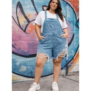 NWT Nature Denim Womens Distressed Short Overalls Sz 2XL Blue Streetcore Grunge